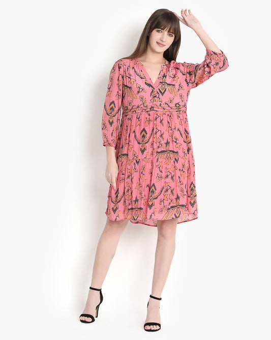 Blush Blossom Pleated Knee-Length Dress
