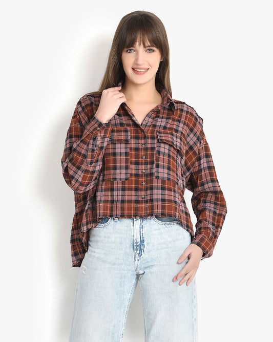 Cocoa Check High-Low Shirt
