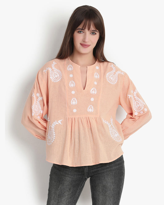 Coral Blossom Embroidered Top