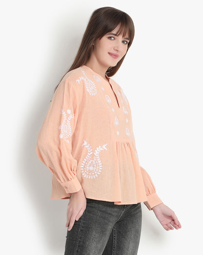 Coral Blossom Embroidered Top