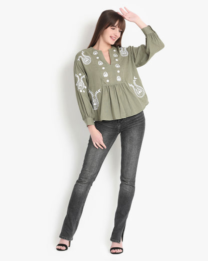 Olive Grove Embroidered Elegance Top