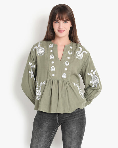 Olive Grove Embroidered Elegance Top