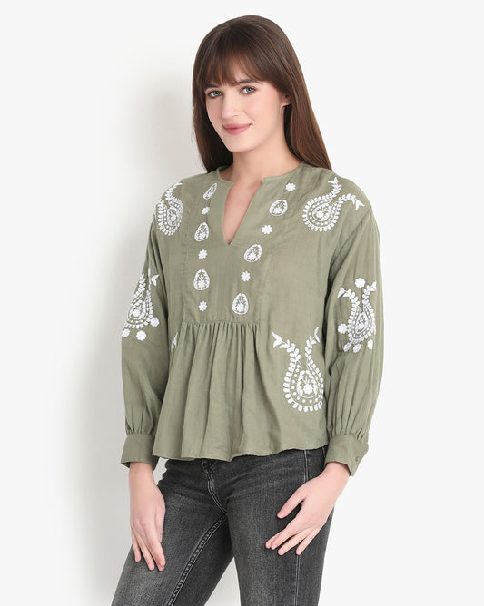 Olive Grove Embroidered Elegance Top