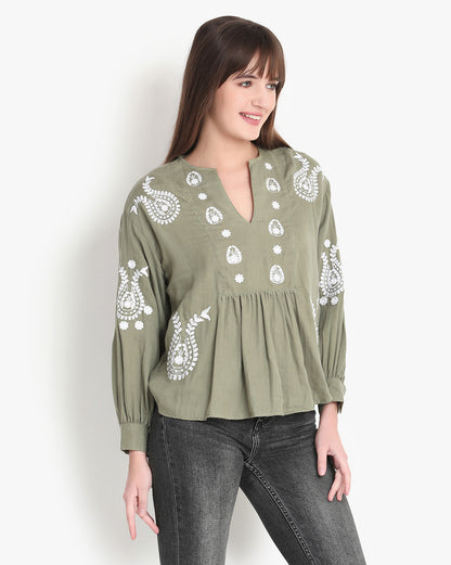 Olive Grove Embroidered Elegance Top