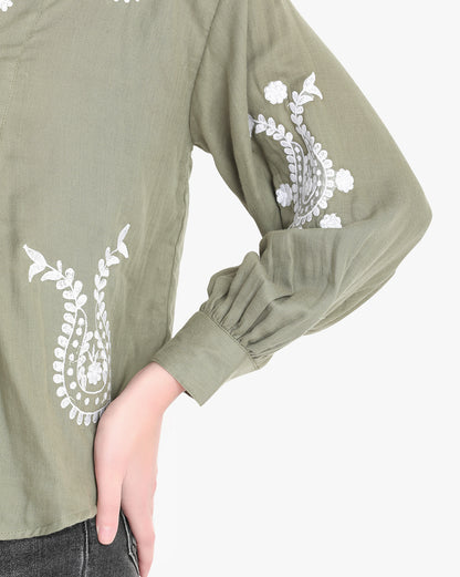 Olive Grove Embroidered Elegance Top